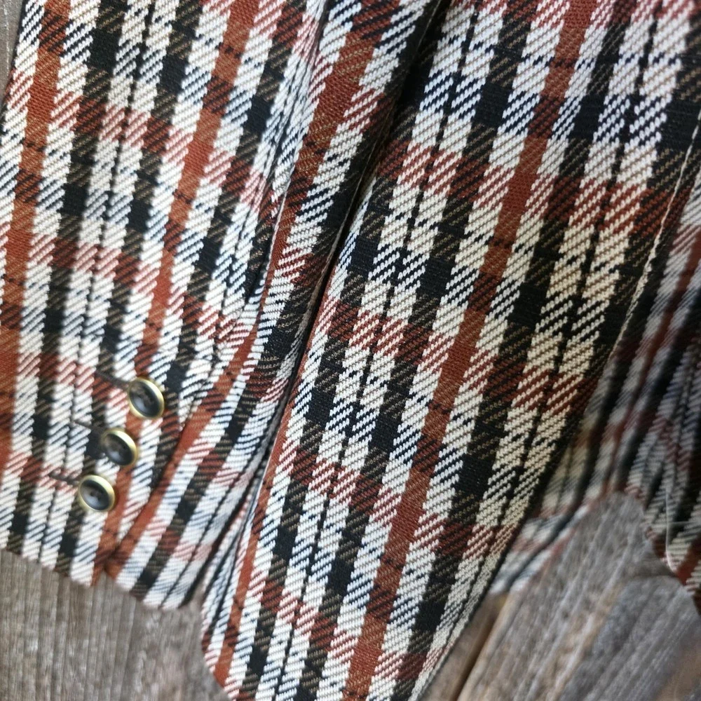 Cabi Jacket Women's Size Medium Brown Plaid Blazer Stretch Knit Pockets